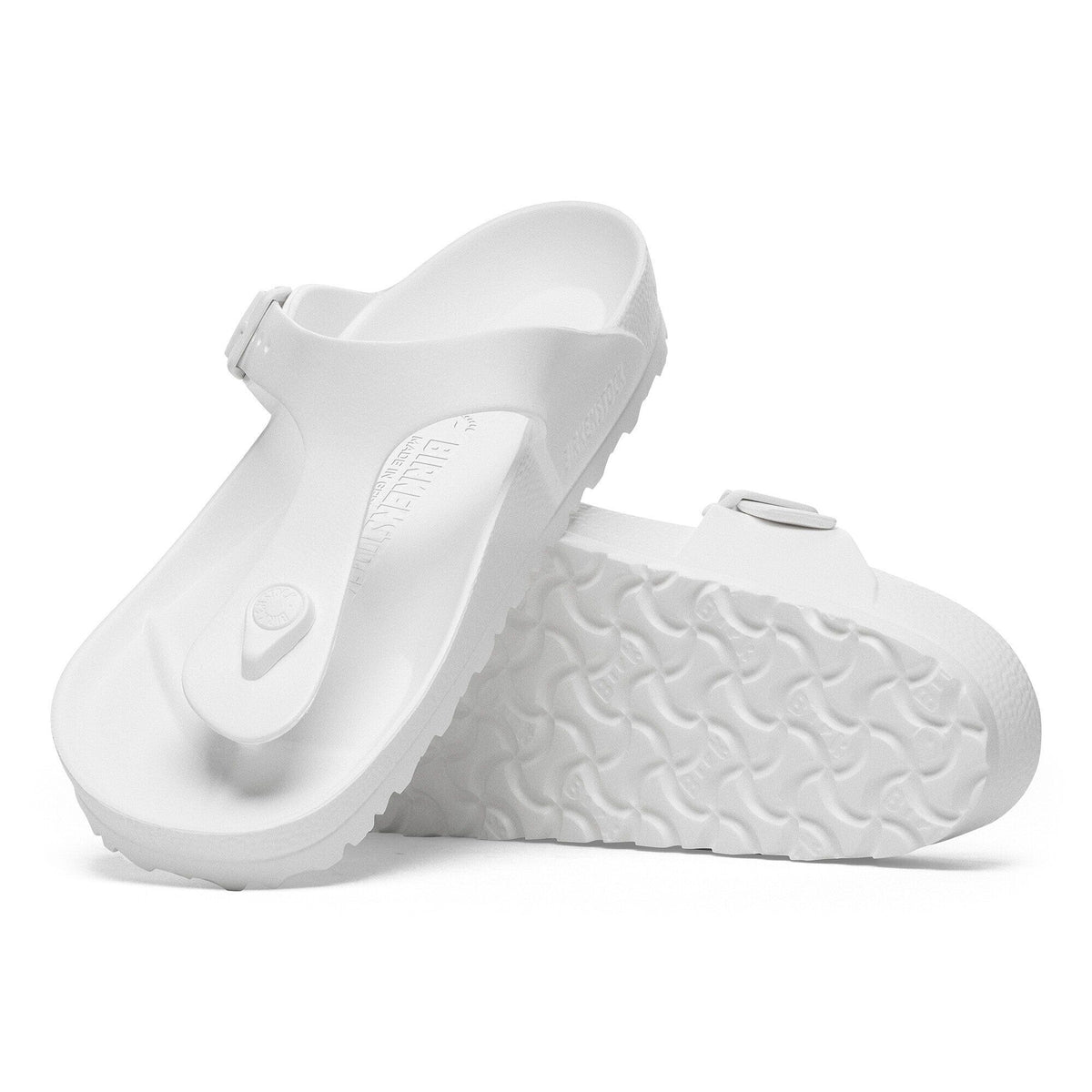 Birkenstock Gizeh EVA thong sandals shown from top and sole angles on seamless background