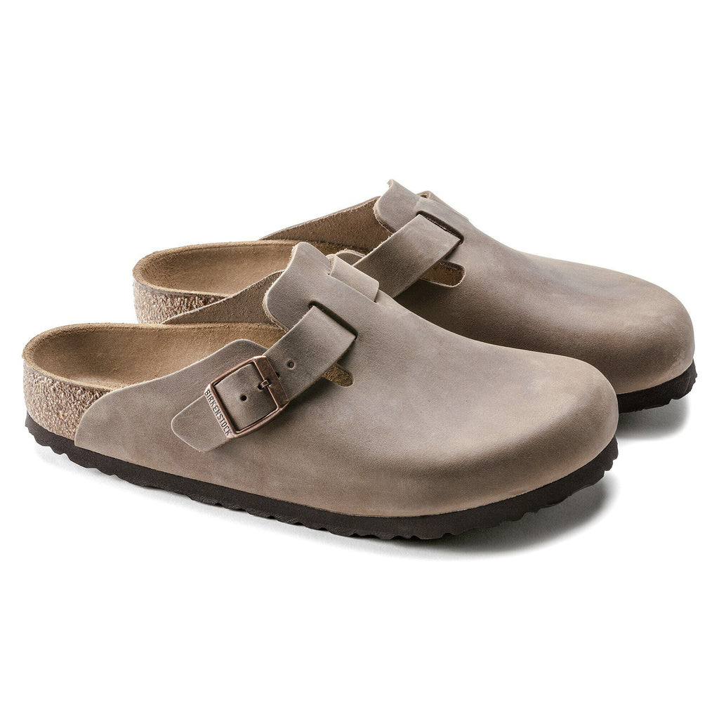 Birkenstock Boston oiled leather clogs with buckle strap and cork footbed, pair view