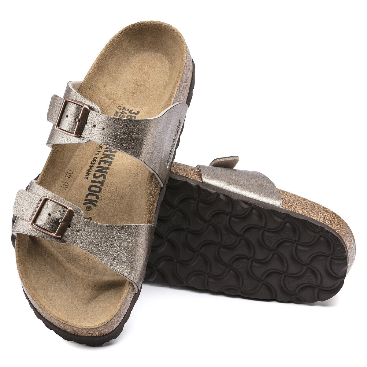 Birkenstock Sydney sandals shown from top and bottom angles displaying cork footbed and buckle straps