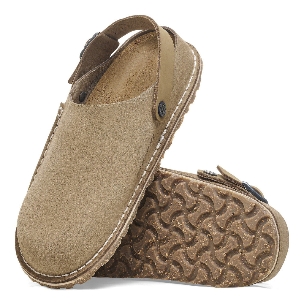 Birkenstock Lutry suede clogs with back strap shown from side and sole angles