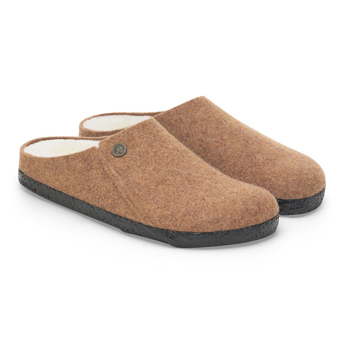 Birkenstock Zermatt shearling-lined felt clog slippers with black cork sole, shown in pairs