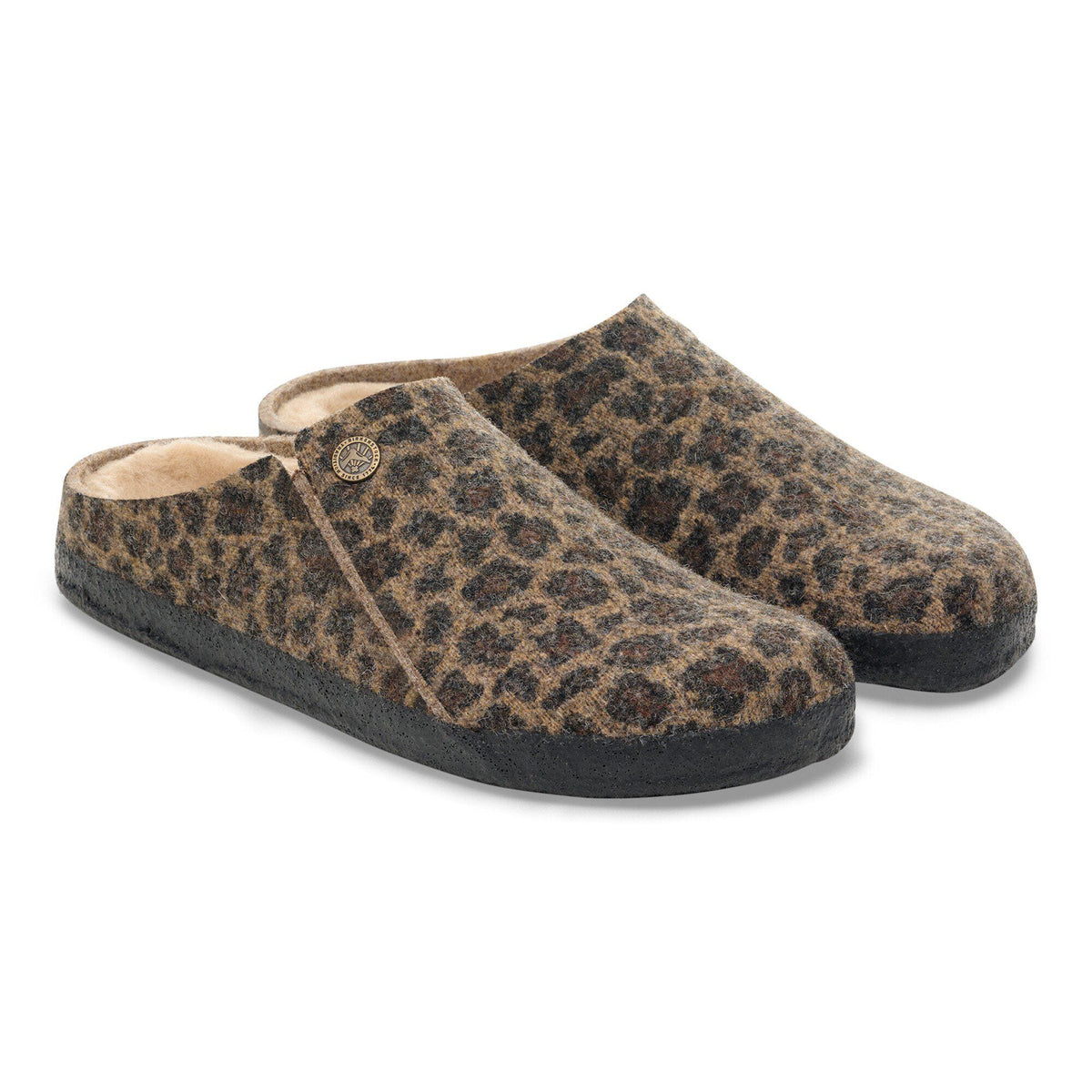 Birkenstock Zermatt shearling clogs in leopard print wool felt with black outsole
