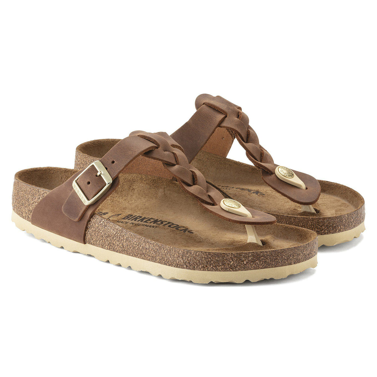 Birkenstock Gizeh braided oiled leather thong sandals with gold buckle and cork footbed