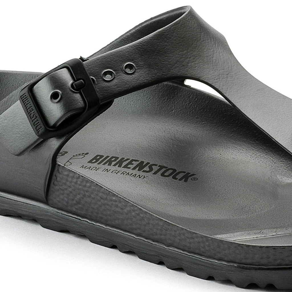 Close-up detail of Birkenstock Gizeh EVA thong sandal showing buckle strap and footbed
