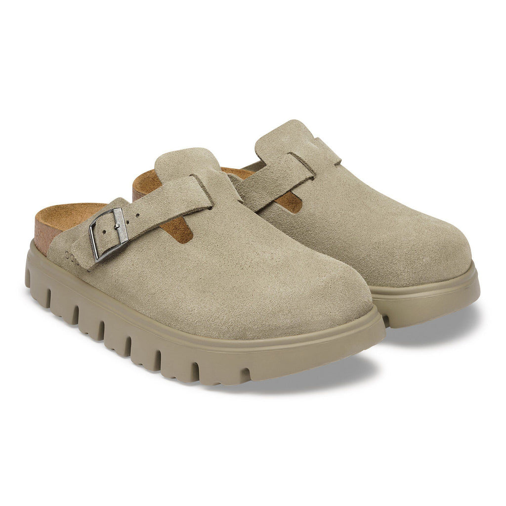 Birkenstock Boston Chunky clogs in taupe suede leather with buckle strap and chunky sole