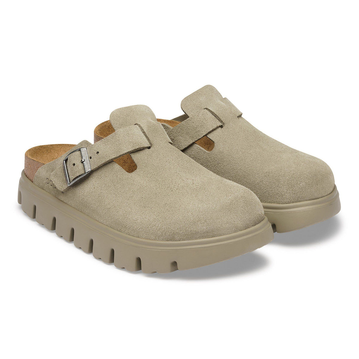 Birkenstock Boston Chunky clogs in taupe suede leather with buckle strap and chunky sole