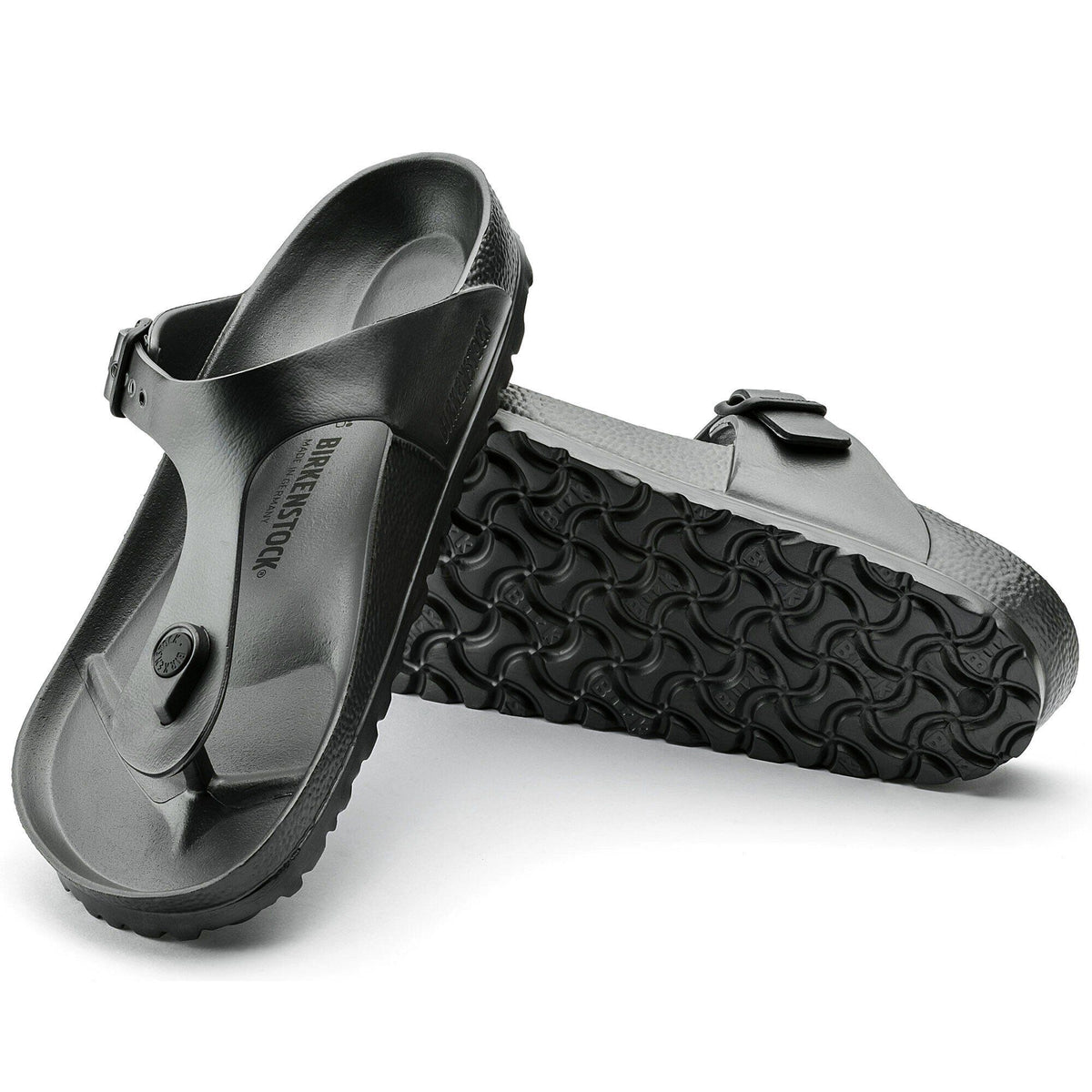 Birkenstock Gizeh EVA thong sandals shown from top and sole angle displaying tread pattern