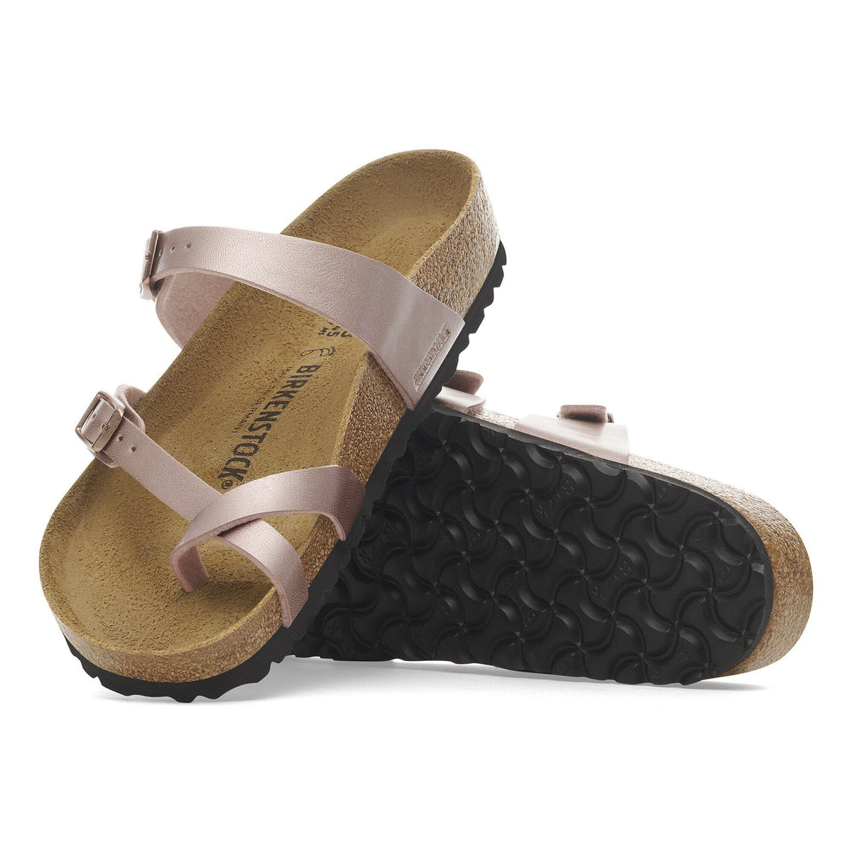 Birkenstock Mayari sandals shown from top and bottom revealing cork footbed and sole