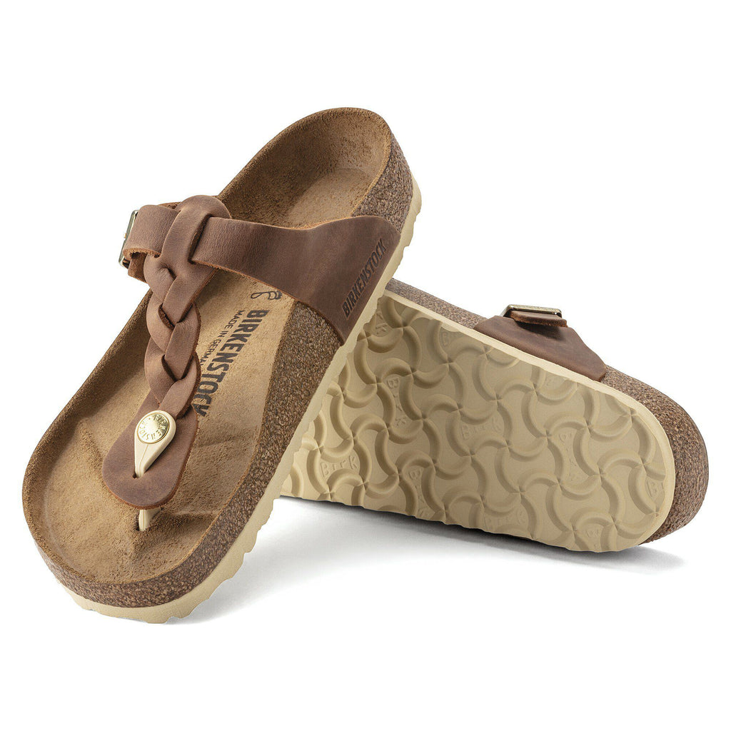 Birkenstock Gizeh Braid thong sandals shown from top and sole angles with braided leather strap