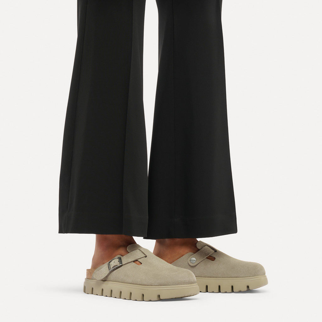 Birkenstock Boston Chunky suede clogs with buckle strap worn with black flared trousers