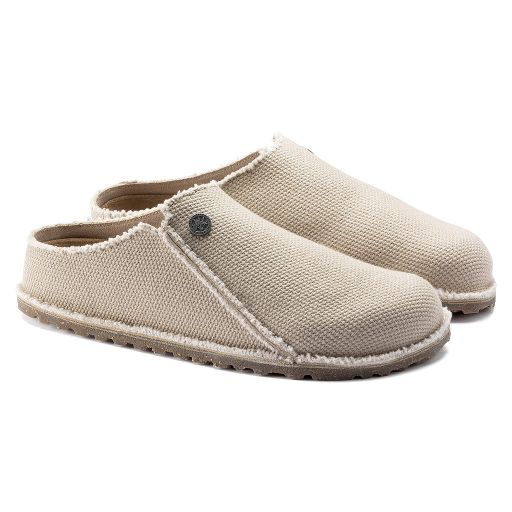 Birkenstock Zermatt slip-on clogs with textured canvas upper and sherpa lining, pair angled view