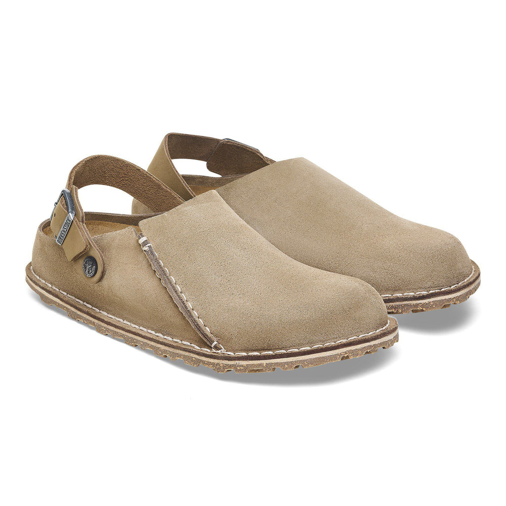 Birkenstock Lutry suede slingback clogs with closed toe and cork footbed, pair view