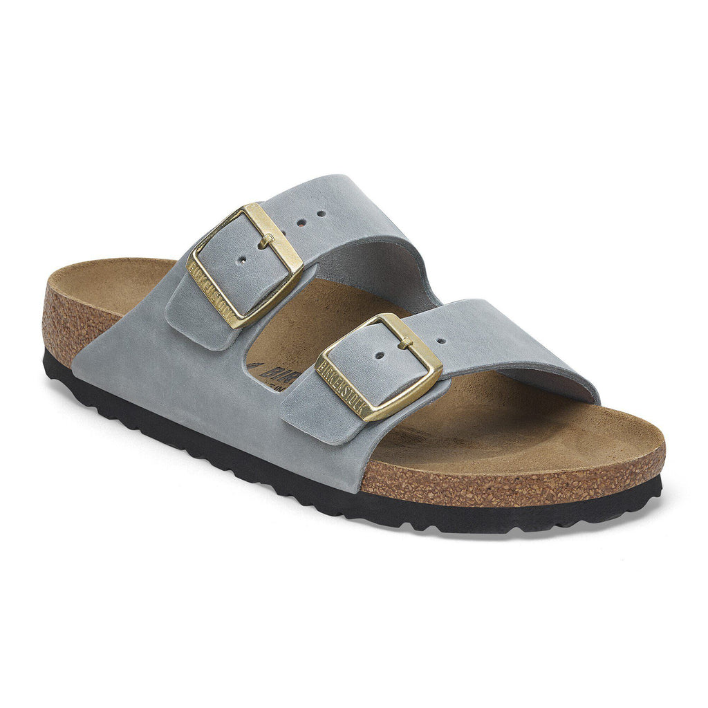 Birkenstock Arizona oiled leather sandal with two adjustable gold buckle straps and cork footbed