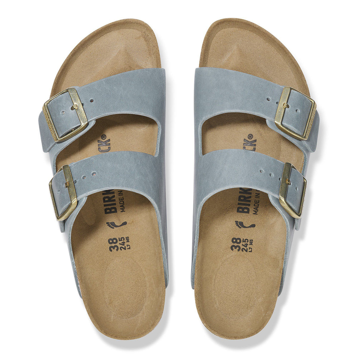 Birkenstock Arizona sandals with two adjustable gold buckle straps, top-down view