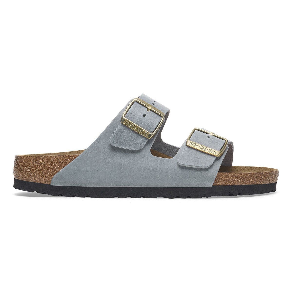 Birkenstock Arizona two-strap sandal with gold buckles and cork footbed, side view