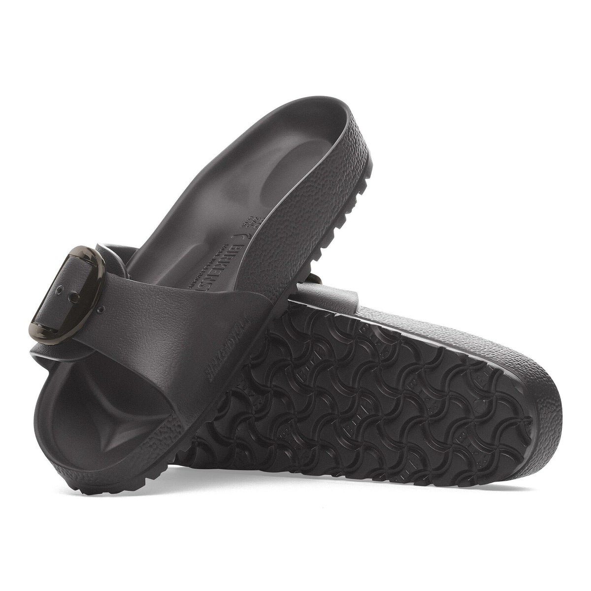 Birkenstock Madrid Big Buckle EVA slide sandals shown from top and sole angles
