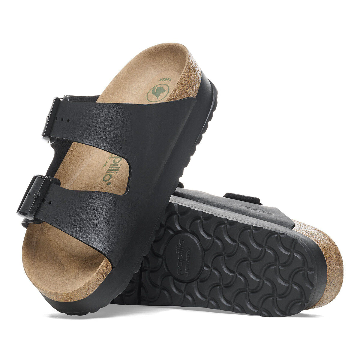 Birkenstock Arizona Platform Vegan sandals showing top and sole views with cork footbed and buckle straps