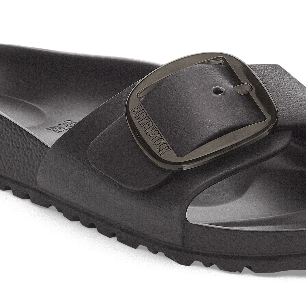 Close-up detail of Birkenstock Madrid Big Buckle EVA slide sandal showing oversized buckle hardware
