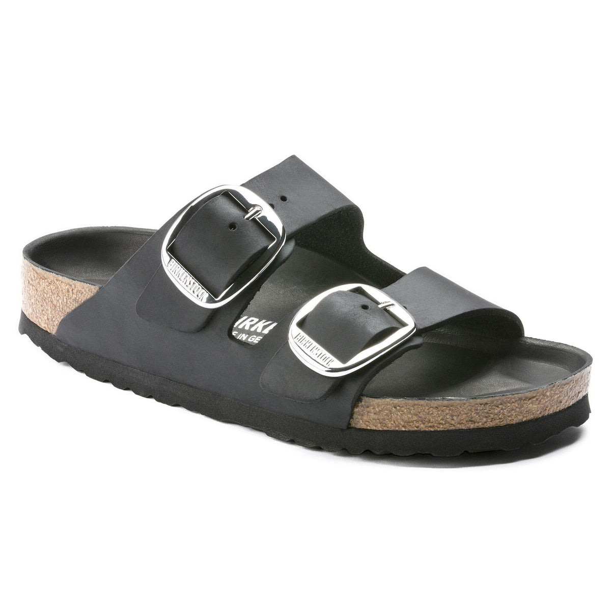 Birkenstock Arizona Big Buckle two-strap slide sandal with cork footbed, angled side view
