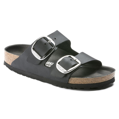 Birkenstock Arizona Big Buckle two-strap slide sandal with cork footbed, angled side view