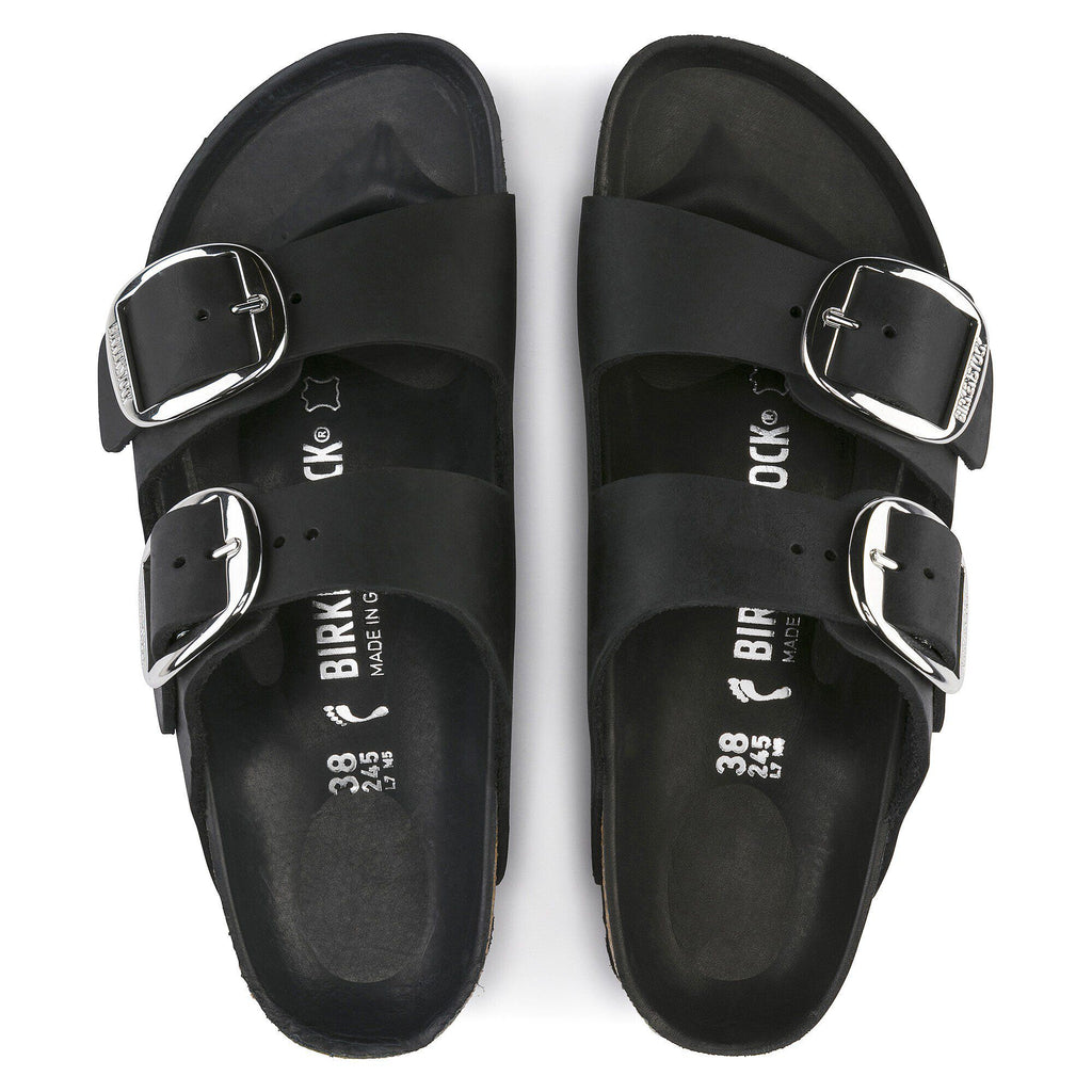 Birkenstock Arizona Big Buckle sandals with oversized silver hardware, top-down view