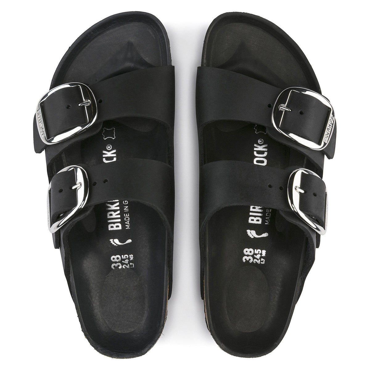 Birkenstock Arizona Big Buckle sandals with oversized silver hardware, top-down view
