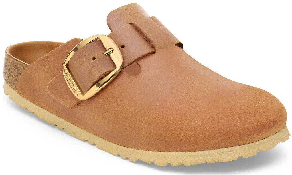 Birkenstock Boston Big Buckle clog in oiled leather with oversized gold buckle and cork footbed