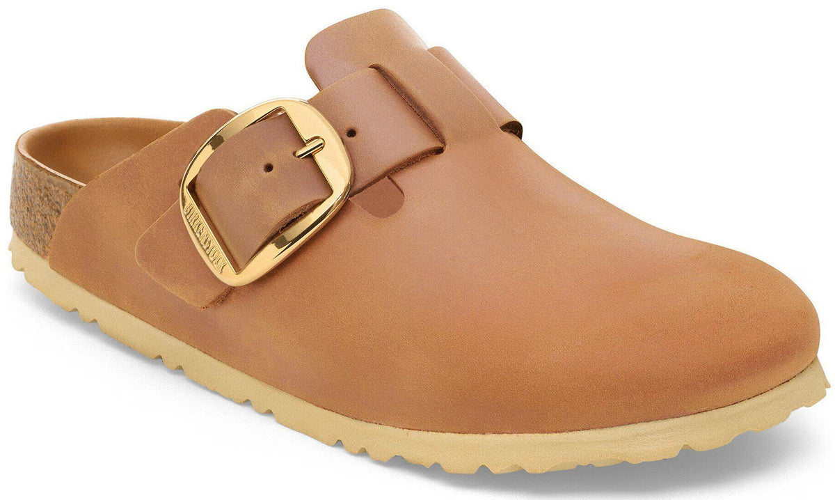 Birkenstock Boston Big Buckle clog in oiled leather with oversized gold buckle and cork footbed