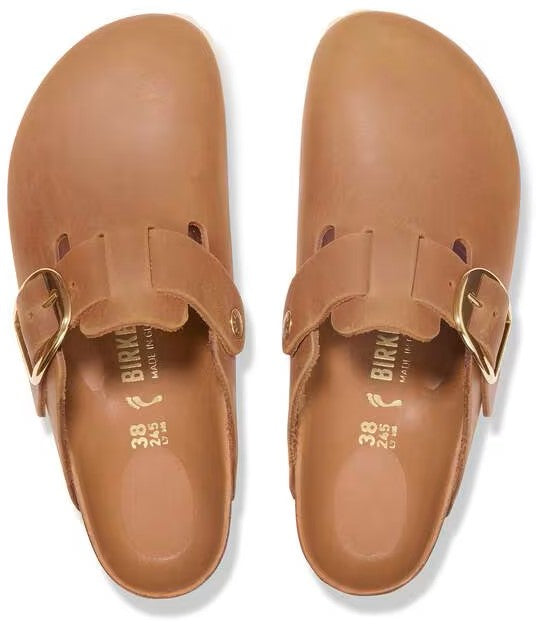 Birkenstock Boston Big Buckle clogs in oiled leather shown from above as a pair