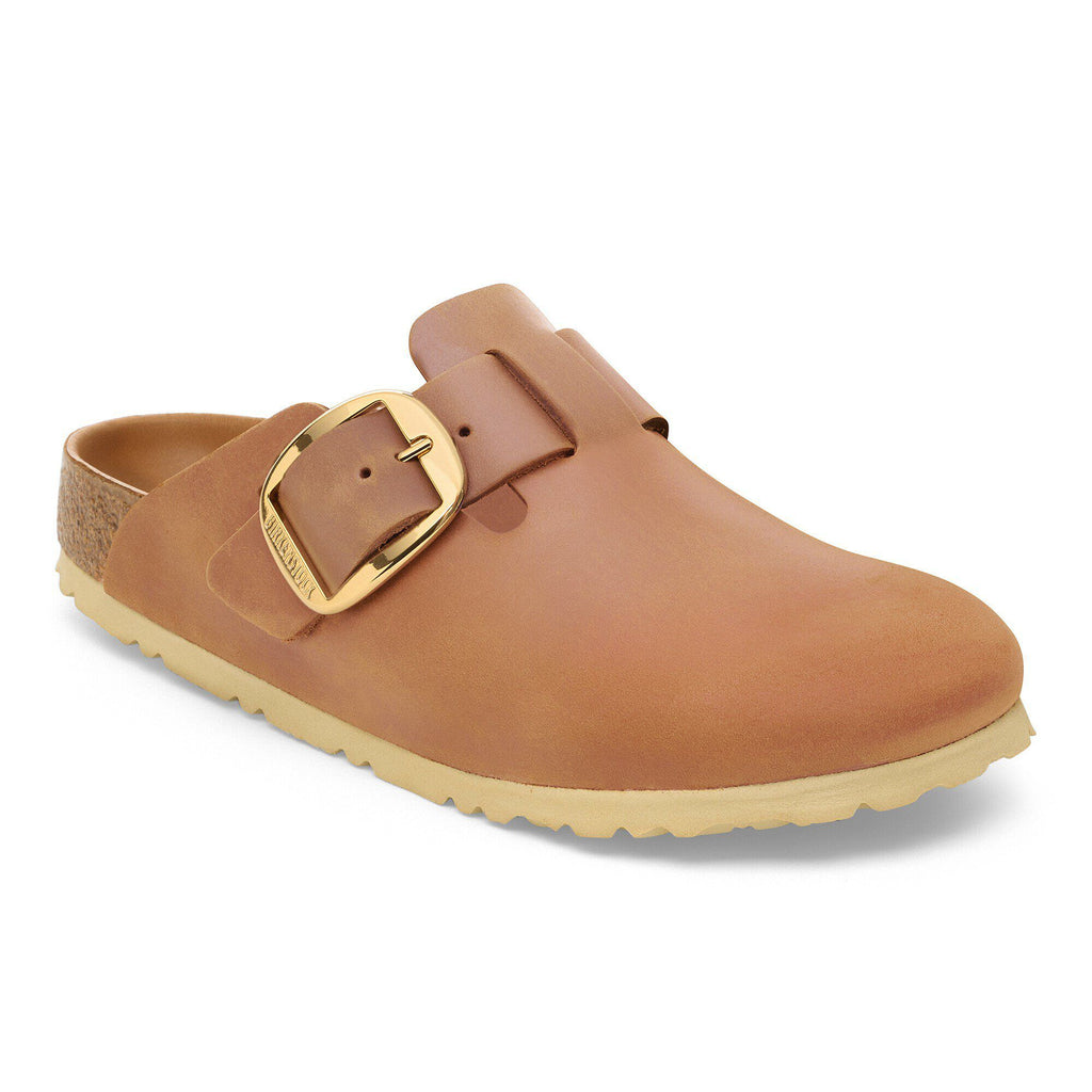 Birkenstock Boston Big Buckle oiled leather clog with large gold buckle and cork footbed