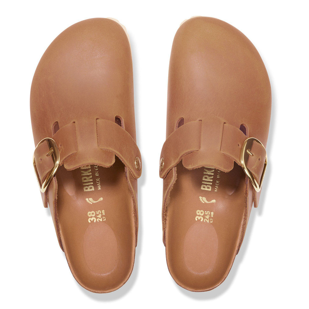 Birkenstock Boston Big Buckle clogs in oiled leather, top-down view showing gold buckle straps