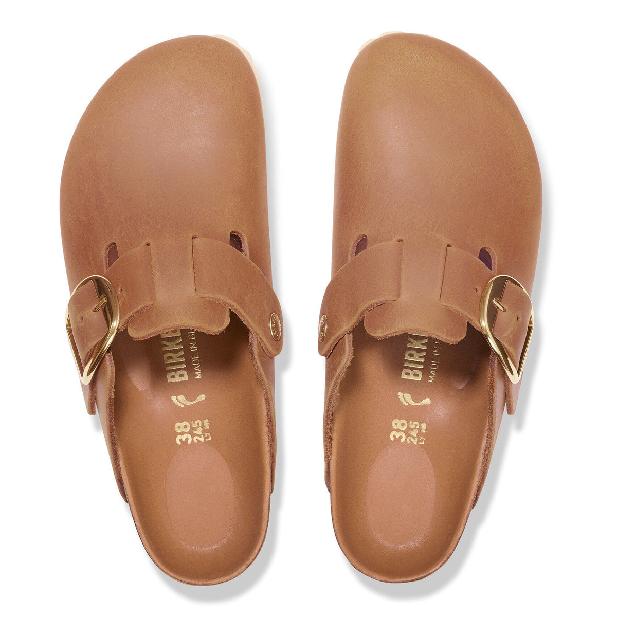 Birkenstock Boston Big Buckle clogs in oiled leather, top-down view showing gold buckle straps
