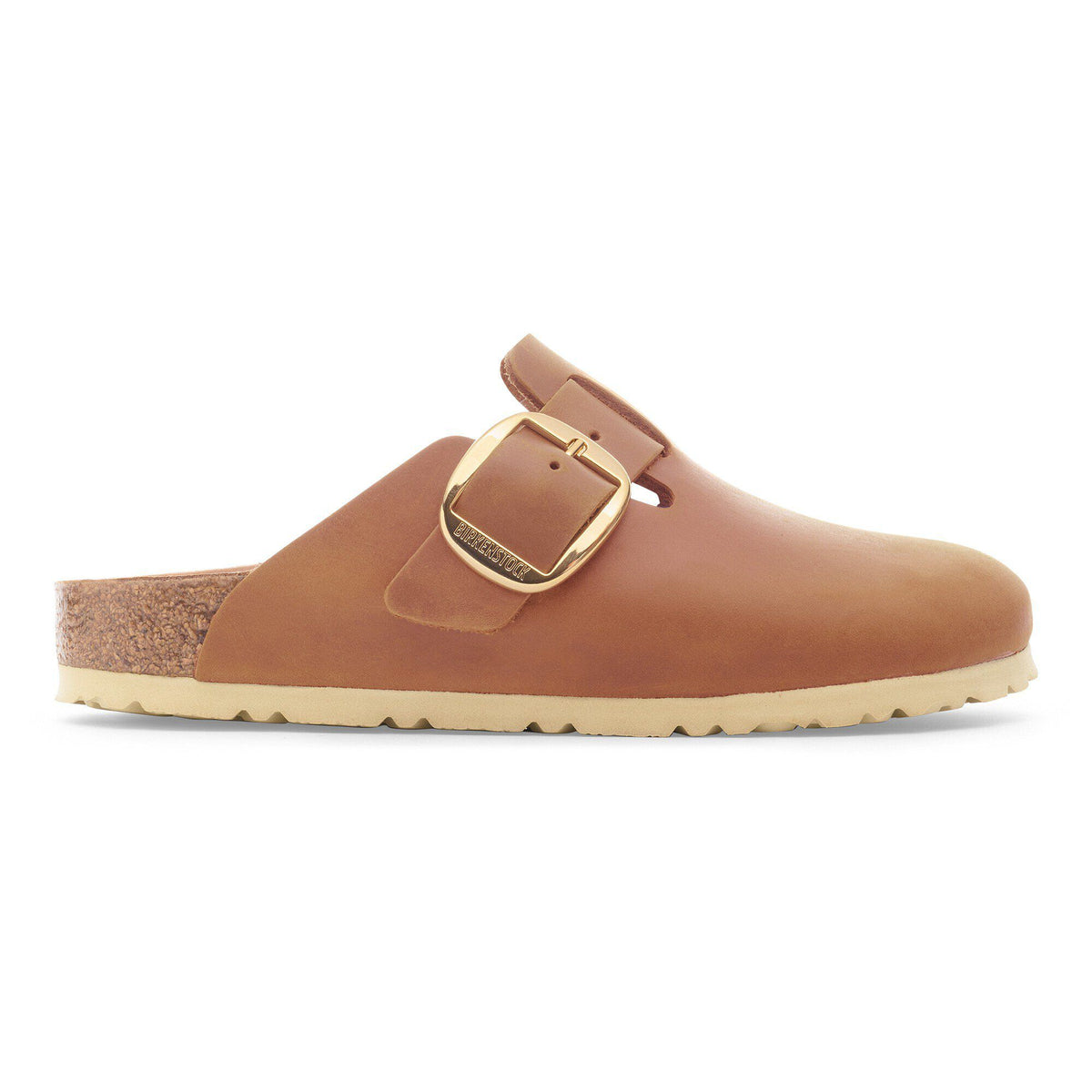 Birkenstock Boston Big Buckle clog in oiled leather with oversized gold buckle and cork footbed
