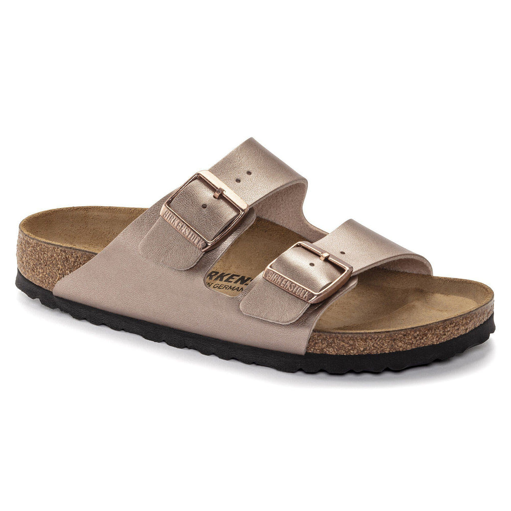 Birkenstock Arizona two-strap sandal with cork footbed and metallic buckle straps