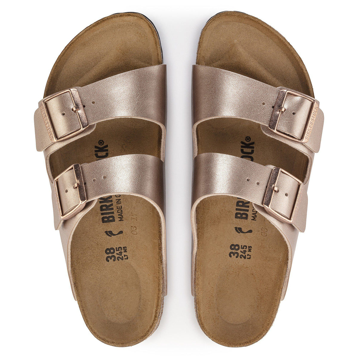 Birkenstock Arizona two-strap sandals with adjustable buckles, top-down view showing contoured footbed