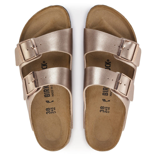 Birkenstock Arizona two-strap sandals with adjustable buckles, top-down view showing contoured footbed