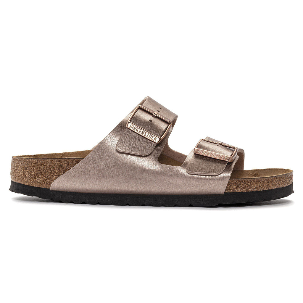 Birkenstock Arizona two-strap sandal with metallic finish, cork footbed, and black sole