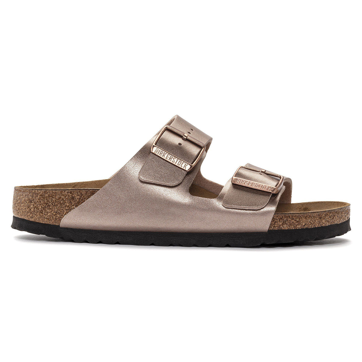 Birkenstock Arizona two-strap sandal with metallic finish, cork footbed, and black sole