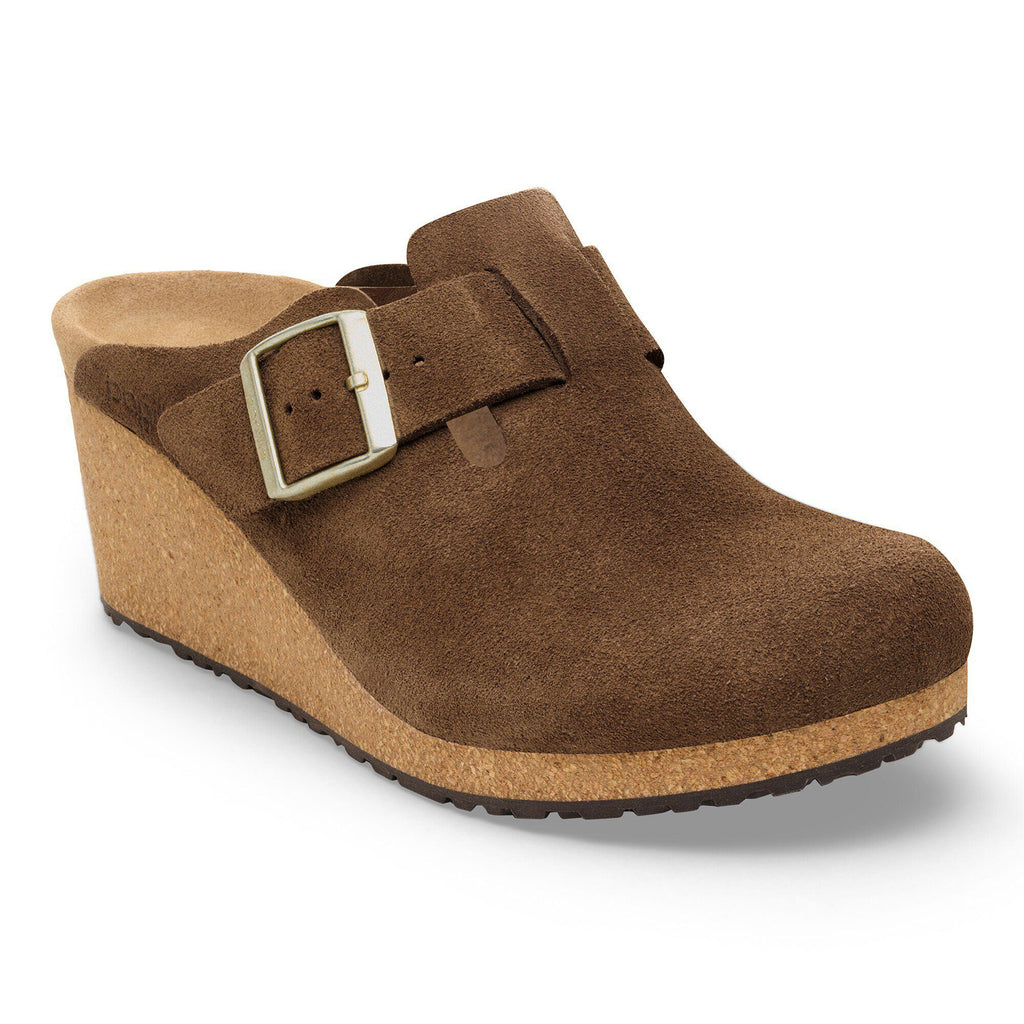 Birkenstock Fanny wedge clog in suede with cork sole and buckle strap detail