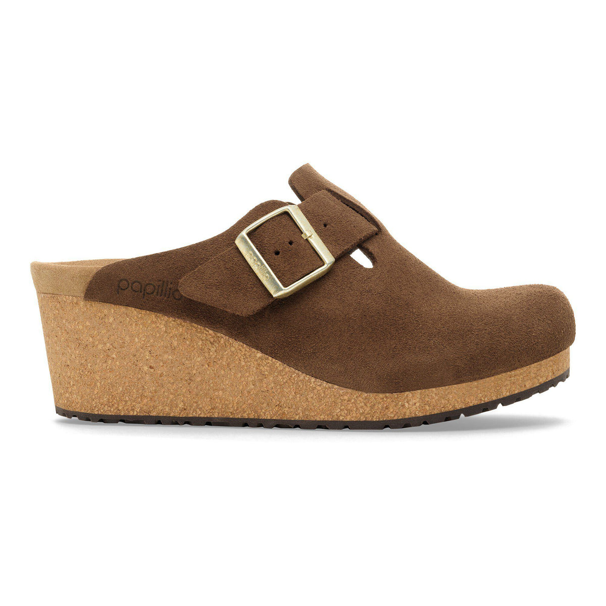 Birkenstock Papillio women's suede wedge clog with gold buckle and cork sole, lateral view