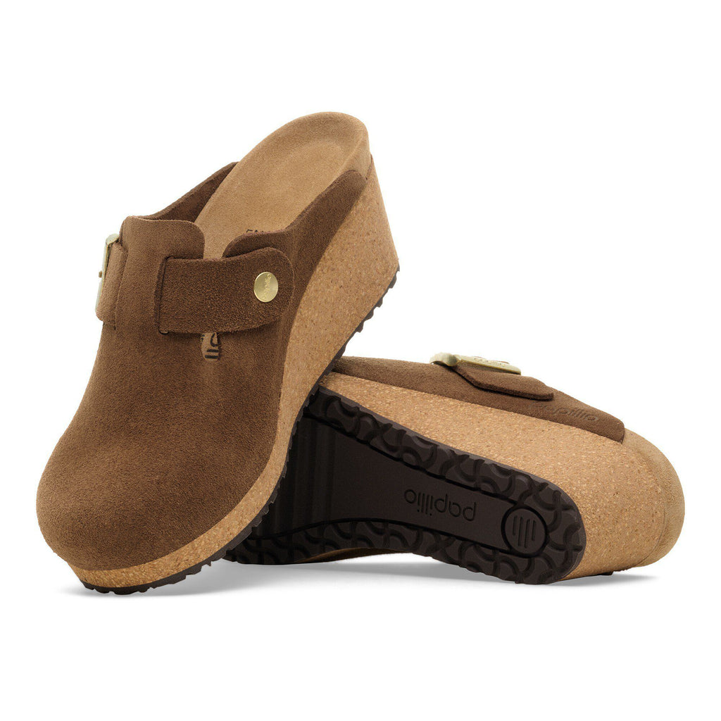 Birkenstock Papillio suede clog mules with cork wedge sole and gold buckle detail