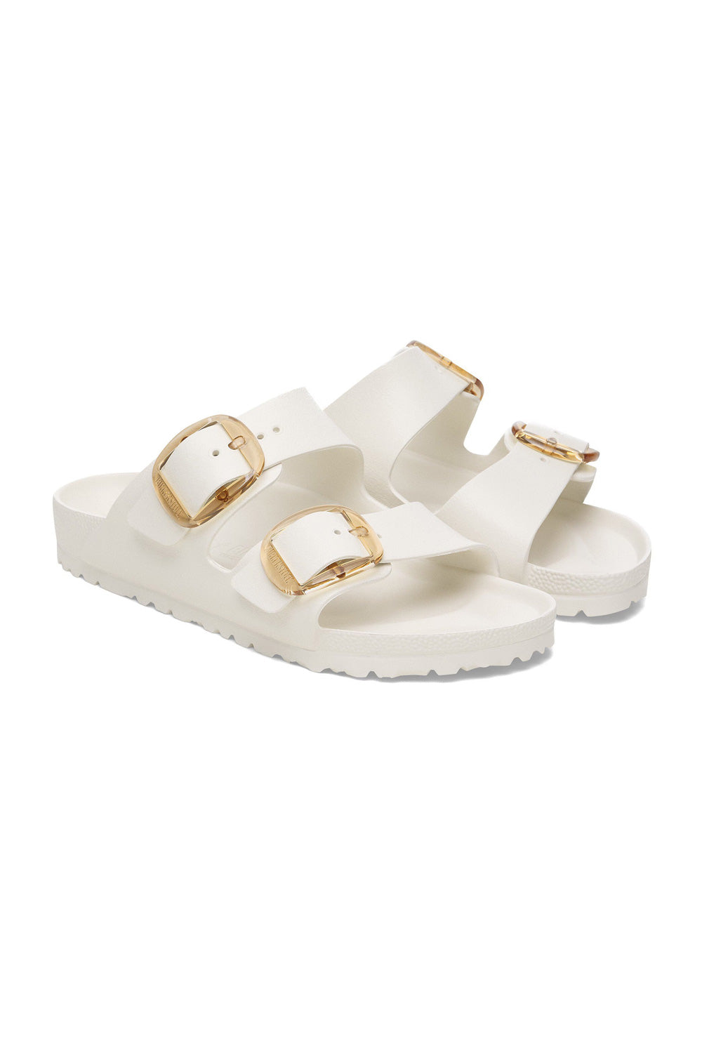 Birkenstock Arizona Big Buckle EVA sandals with gold hardware, angled pair view