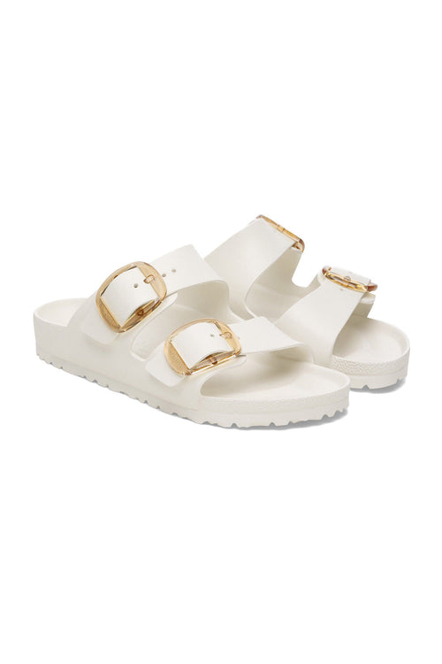 Birkenstock Arizona Big Buckle EVA sandals with gold hardware, angled pair view