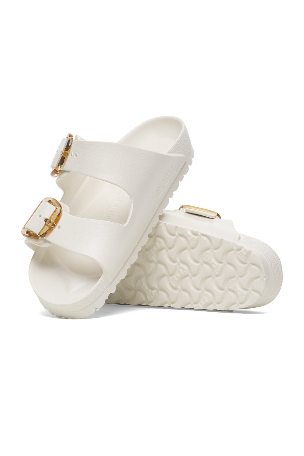 Birkenstock Arizona Big Buckle EVA sandals with gold buckles shown as a pair from above