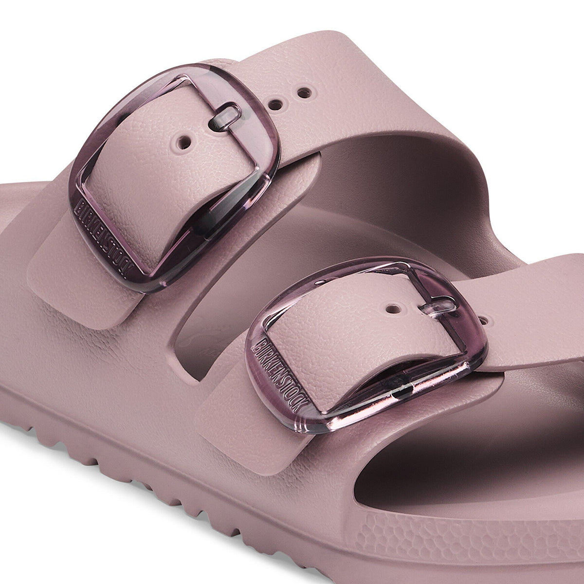 Close-up detail of Birkenstock Arizona EVA sandal showing two double-strap buckles