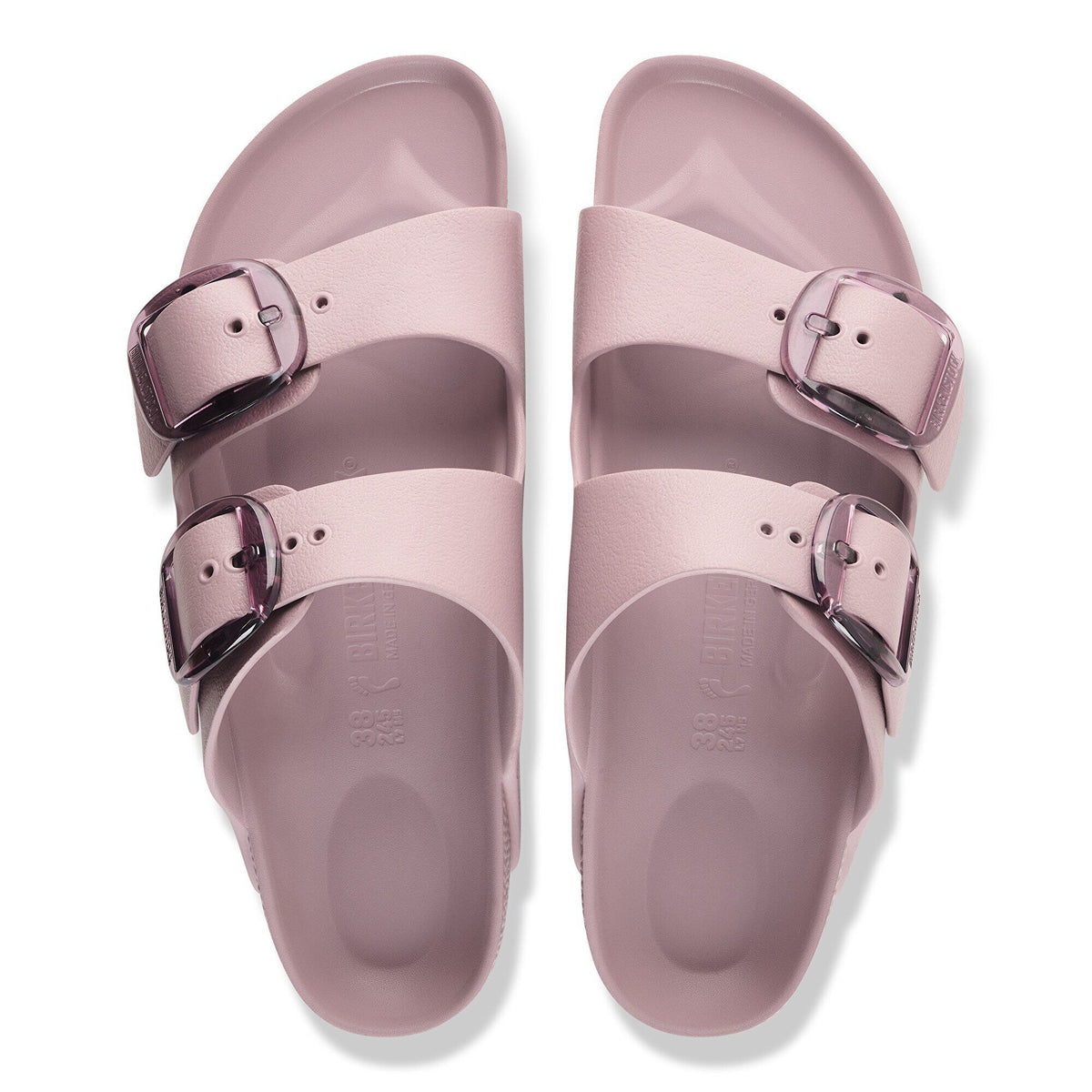 Top-down view of a pair of Birkenstock Arizona EVA sandals with large buckles on white background