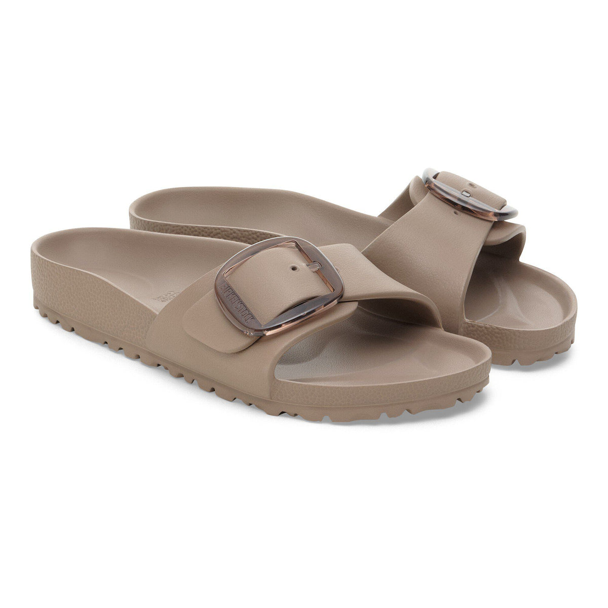 Birkenstock Madrid Big Buckle EVA slide sandals with oversized buckle detail, angled pair view