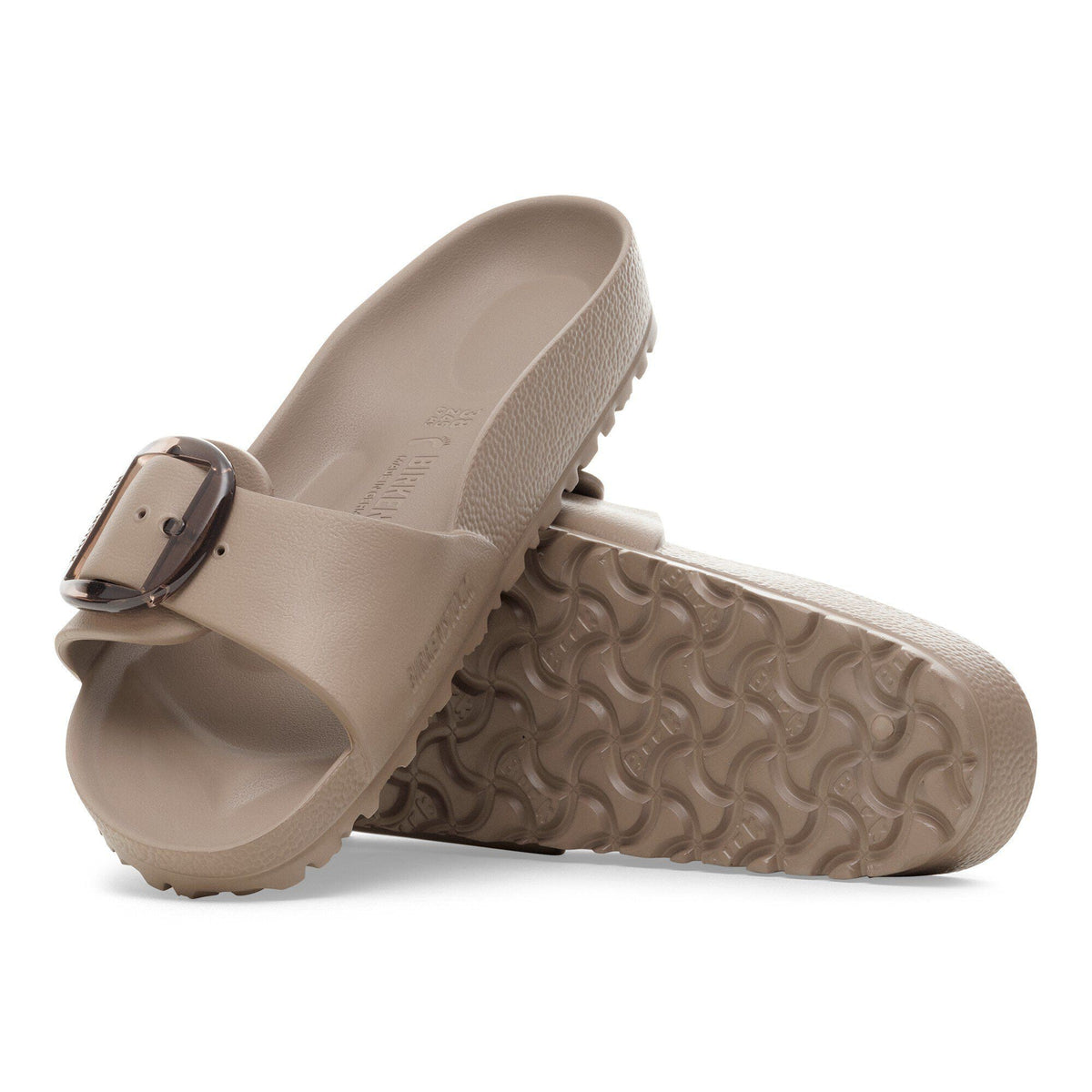 Birkenstock Madrid Big Buckle EVA slide sandals shown from top and sole angles