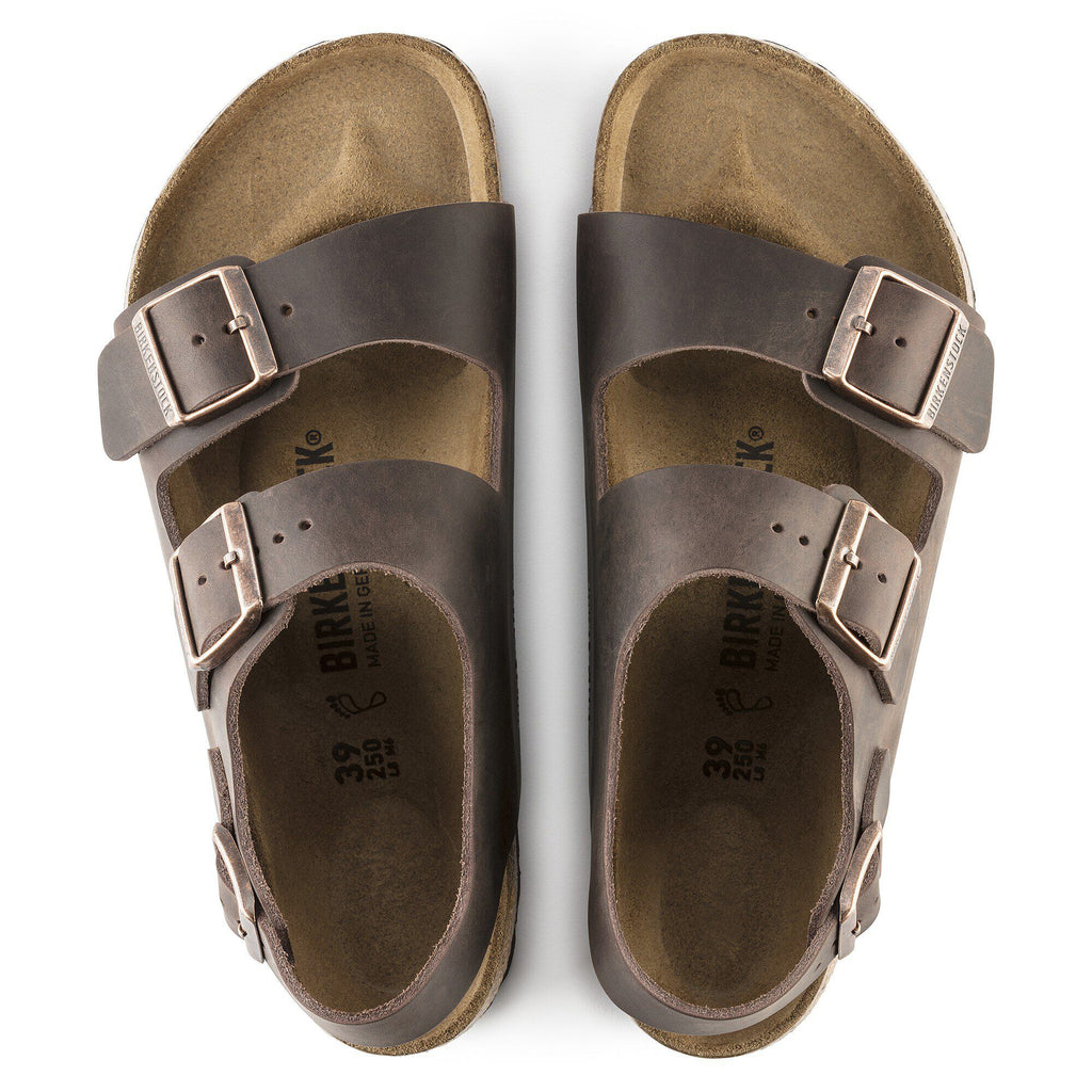 Birkenstock Milano sandals with two adjustable buckle straps, top-down view showing cork footbed