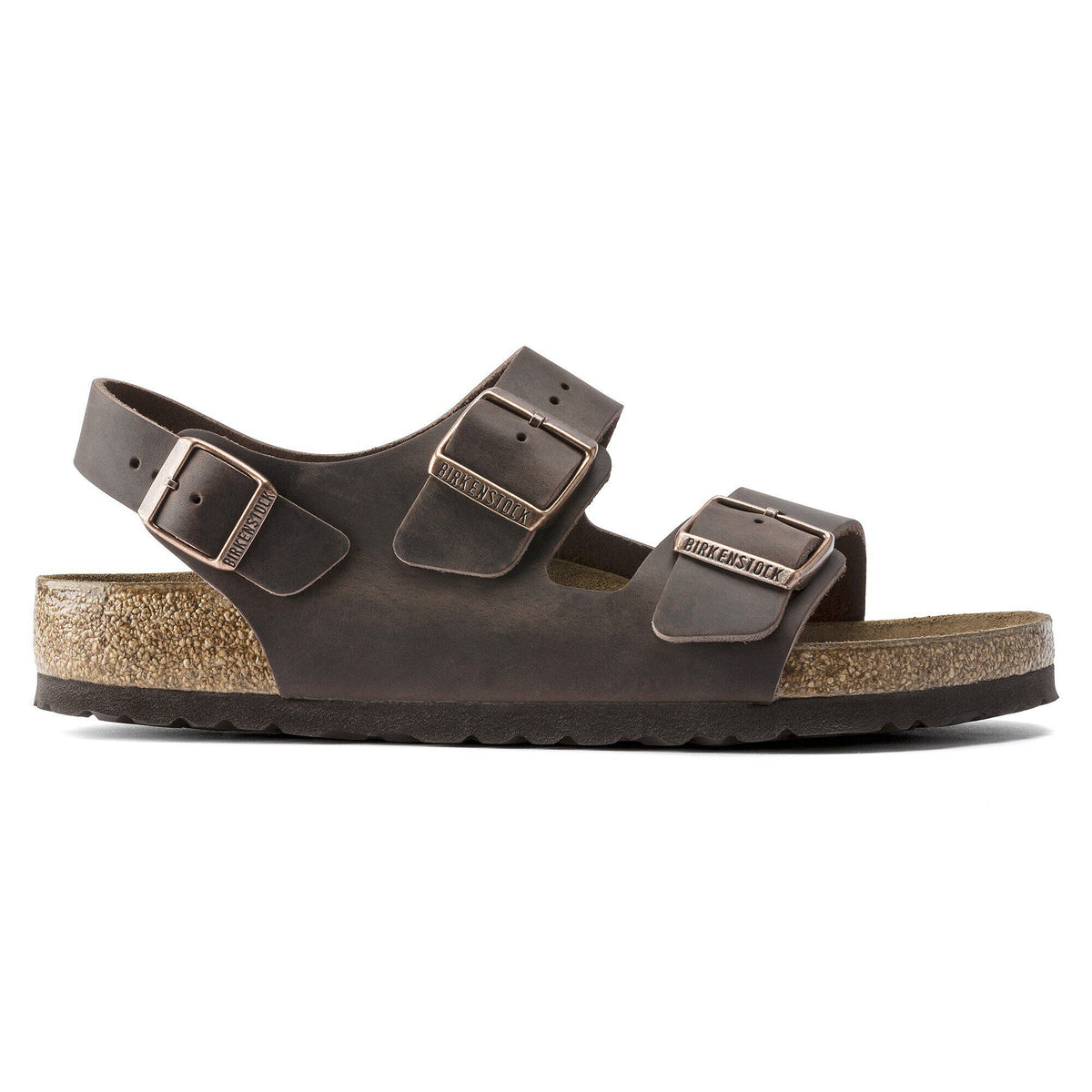 Birkenstock Milano sandal with three adjustable buckle straps and cork footbed, side view